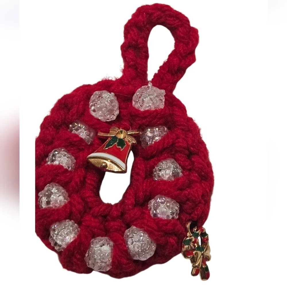 Hand Crafted Hand Crochet Christmas ornaments red beaded 8 mini holiday wreaths
